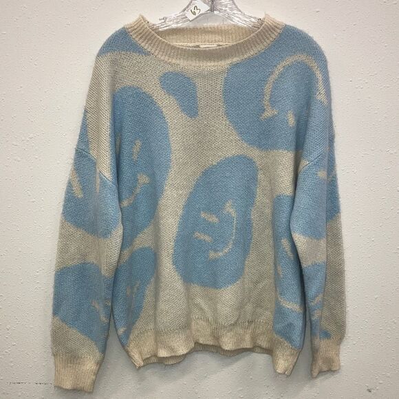 Altard State Blue & Cream Smiley Face Dolman Sleeve Oversized Sweater Small #716 - Picture 1 of 7